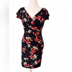 Lauren Ralph Lauren Floral Faux Wrap Dress - Black with Coral & Cream Flowers